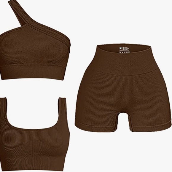 Women's 3 Piece Outfits Ribbed Seamless Exercise Scoop Neck Sports Bra One Shoul